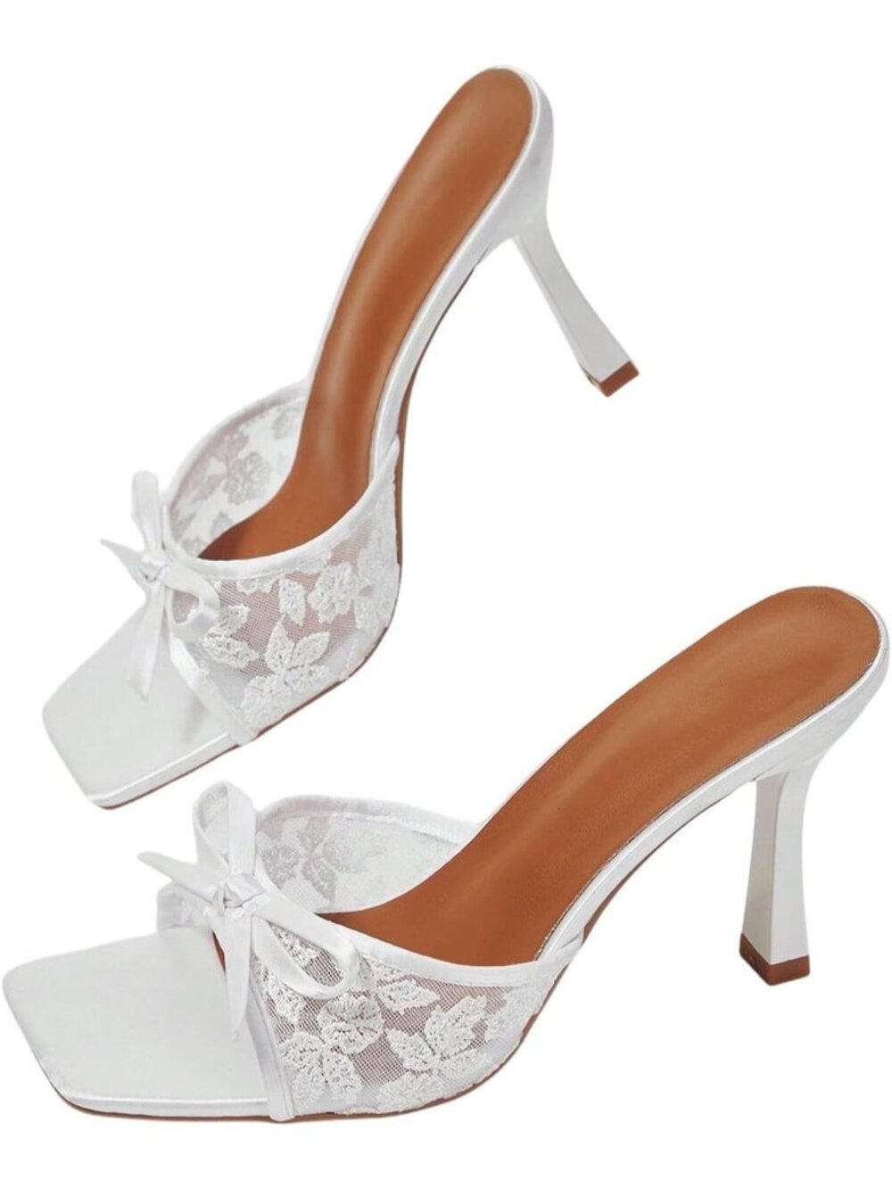Women's White Net Bow Square Toe Leather Mini Kitten Heels Sandals for Wedding
